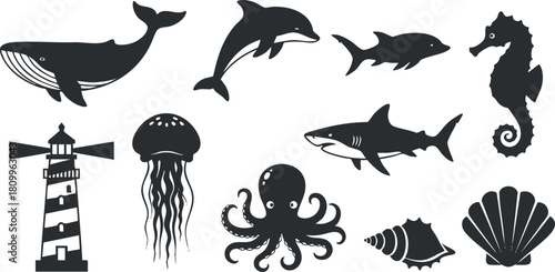 Silhouette vector icon set featuring marine animals and symbols including whale, dolphin, shark, seahorse, and lighthouse design