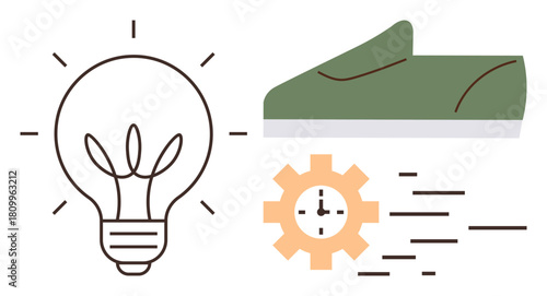Lightbulb symbolizes ideas, sneaker represents speed, and gear with clock implies efficiency and innovation. Ideal for creativity, productivity, innovation, energy, progress, time management