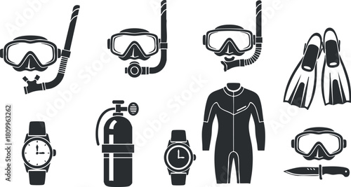 Flat black and white vector illustration of scuba diving equipment including masks, fins, wetsuit, and accessories for outdoor activities