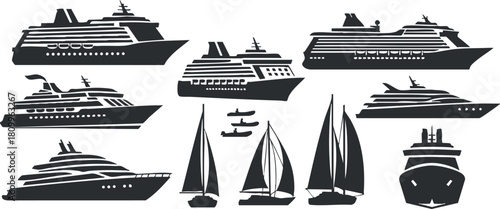 Collection of black silhouette vector illustrations depicting various types of yachts and boats for maritime design projects