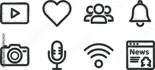Hand-drawn vector icon set featuring multimedia symbols including play, heart, group, microphone, and notification bell for digital design projects