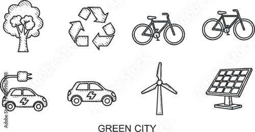 Hand-drawn vector icons depicting a green city theme featuring electric cars, bicycles, wind turbines, and solar panels for eco-friendly projects