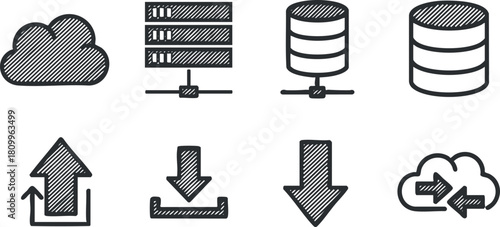 Hand-drawn vector icons set featuring cloud storage, upload and download arrows, and database symbols for digital communication and technology designs