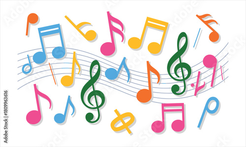 Colorful musical notes are floating above wave like music staff lines on a white backdrop
