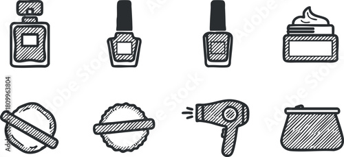 Hand-drawn vector icon set featuring beauty and cosmetics products like perfume, nail polish, and skincare items for design projects.