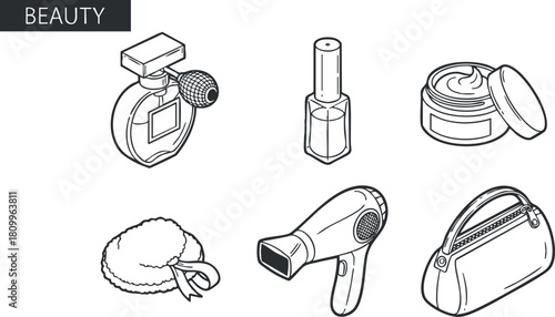 Outline vector illustration featuring a collection of beauty products including perfume, makeup items, and hair accessories.