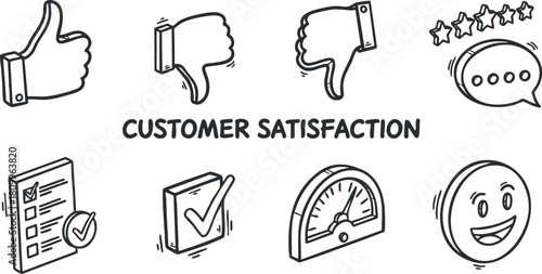 Hand-drawn vector icons representing customer satisfaction concepts, ideal for marketing materials, feedback systems, and service evaluation.