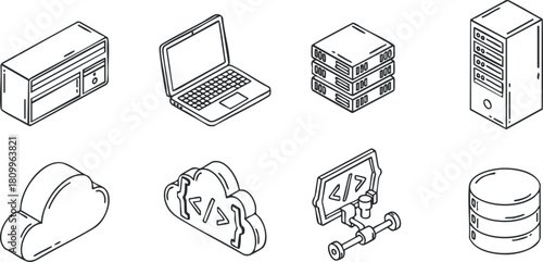 Outline vector illustration set of computer and network technology icons for web design and digital applications