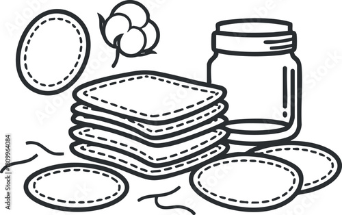Outline vector illustration of sewing materials including cotton, patches, and a jar, ideal for crafting projects