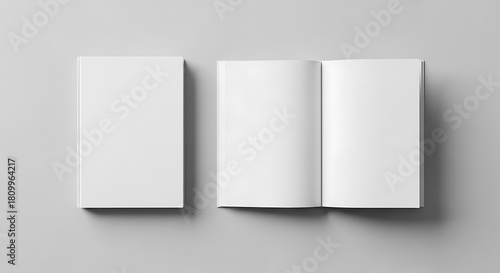 Blank white book or magazine cover mockup with an open spread, side by side on a light gray background for design presentation