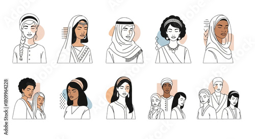 Diverse Women Portraits in Traditional Cultural Clothing – Minimal Line Art Vector Illustration Set