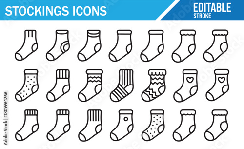 Line style sock and stocking icons with assorted patterns