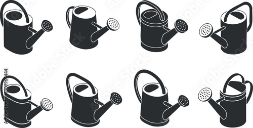 Set of minimalist black and white vector illustrations of watering cans, ideal for gardening and plant care projects