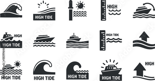 Collection of vector icons depicting high tide concepts with waves, boats, and tide indicators for marine and nautical themes