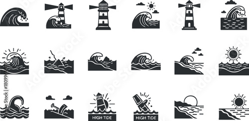 Silhouette vector icon set featuring ocean waves, lighthouses, and sunset scenes for coastal and marine design projects