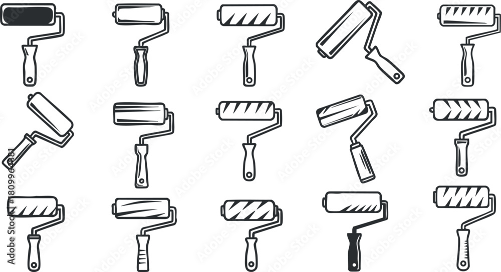 Obraz premium Collection of minimalist black and white vector illustrations of various paint rollers for home renovation and design projects