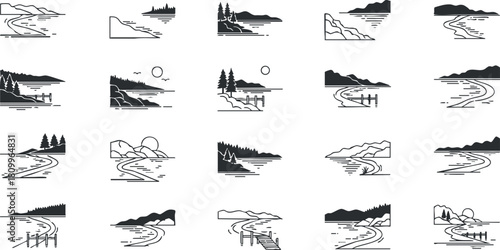 Collection of minimalist black and white vector illustrations depicting various scenic landscapes with rivers, mountains, and trees for design projects.