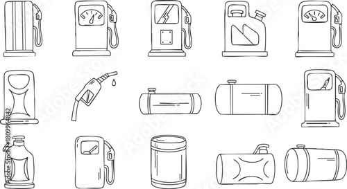 Outline vector icon set of fuel-related elements including gas pumps, containers, and refueling equipment for transportation and industry.