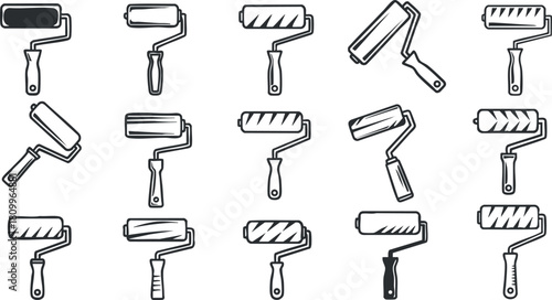 Collection of minimalist black and white vector illustrations of various paint rollers for home renovation and design projects