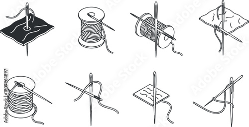 Minimalist black and white vector illustration of sewing tools including needles, threads, and fabric for craft and design projects