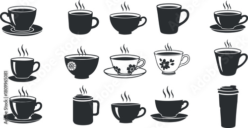 Stylized vector illustration collection of various coffee cups and mugs with steam, perfect for cafe branding and design projects