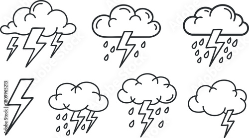 Outline vector icon set featuring various cloud and lightning storm symbols for weather-related designs and applications