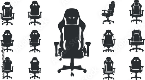 Silhouette vector icon set of various gaming and office chairs in a modern style for design projects