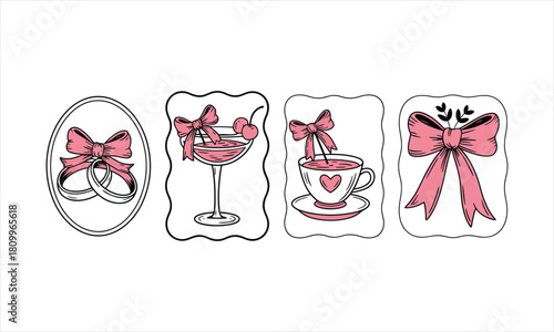Pink bows decorate wedding rings, cocktail, teacup, and greenery in a celebratory line drawing