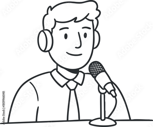 Line art illustration of a podcast host wearing headphones and speaking into a microphone, suitable for media and communication projects