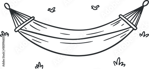 Minimalist line art vector illustration of a hammock suspended between trees, perfect for relaxation and outdoor leisure designs