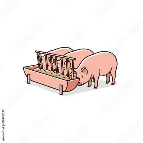Flat vector illustration of pigs feeding at farm trough