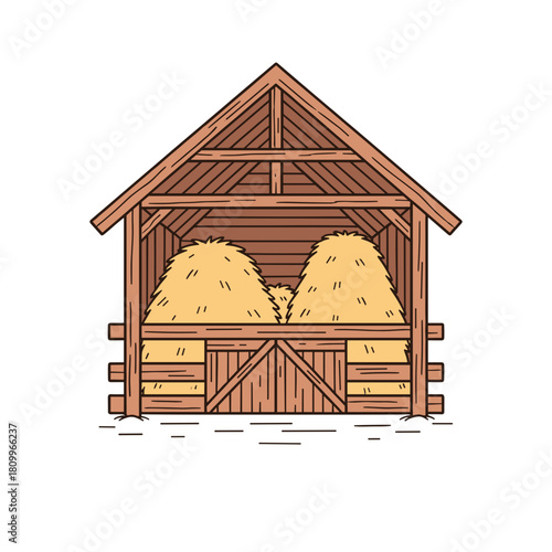 Flat vector illustration of wooden barn with hay bales inside
