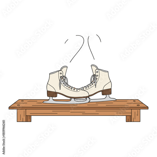 Flat vector illustration of ice skates on wooden bench