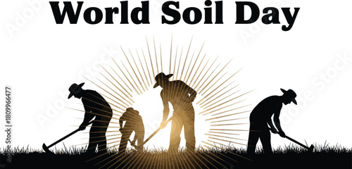 Silhouette of farmers working in a field celebrating World Soil Day with sun rays