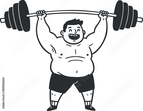 Cartoon vector illustration of a cheerful man lifting a heavy barbell, showcasing fitness and strength training concept