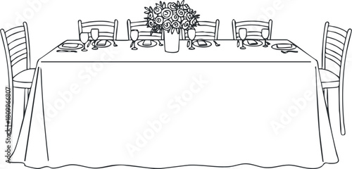 Outline vector illustration of a dining table setting with chairs and a floral centerpiece, suitable for event planning and home decor