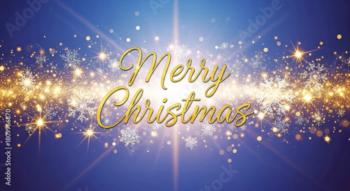 Merry Christmas text with golden sparkling lights on blue background