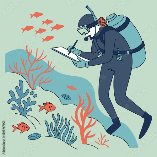 Marine Scientist Studying Coral Reefs Underwater – Ocean Conservation Research, Marine Biology Exploration, Environmental Science Underwater Scene,