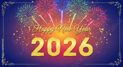 2026 Happy New Year greeting with colorful fireworks on blue background