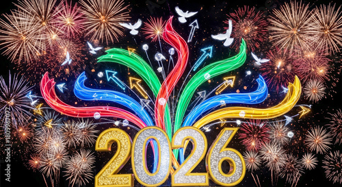 2026 celebration with colorful fireworks and gold number lights