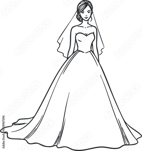 Elegant line art vector illustration of a bride in a beautiful wedding dress, perfect for wedding planning and design projects