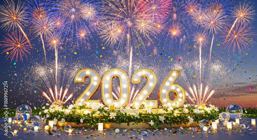 2026 New Year celebration with fireworks and illuminated numbers outdoors