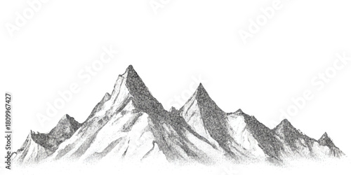 Mountain range illustration, detailed grayscale peaks and snowy slopes on white