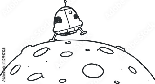 Playful outline illustration of a lunar lander on the surface of the moon, ideal for children's educational materials or space-themed designs