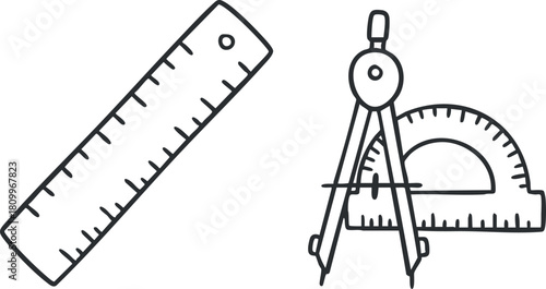 Minimalist black and white vector illustration of a ruler, compass, and protractor for educational and design purposes