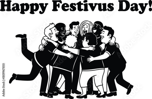 Happy festivus day message with diverse group of people hugging in celebration