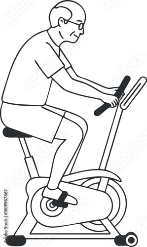 Vector illustration of an elderly man exercising on a stationary bike, suitable for fitness and health-related projects