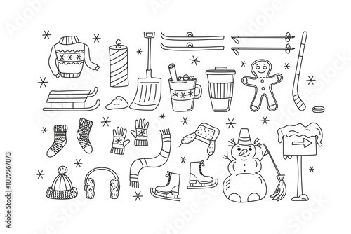 Winter. Warm clothes, snowman, gingerbread man, winter sports. Hand-drawn line icons. Cup of coffee, warming drink. Sports equipment, snow, snowfall, snowflakes.