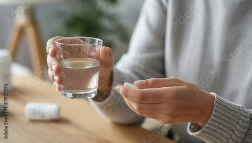 Close-up view of a woman’s hands holding a single medication capsule and a clear glass of water