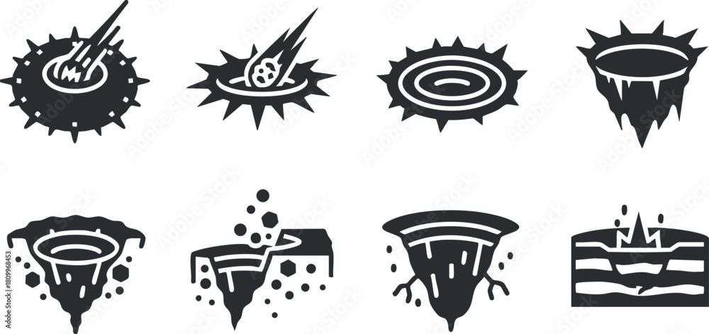 Naklejka premium Bold black and white vector icons depicting various explosion and impact effects, ideal for graphic design and branding projects